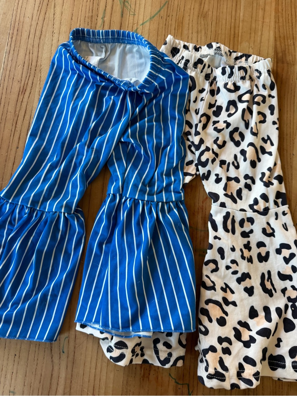 Girls Bell Bottom Pants Two-Pack - Blue Stripe & Cream Leopard